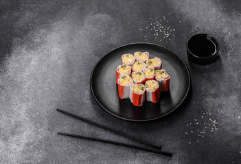 Crab sticks stuffed with rice, egg and green onions