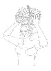 Silhouettes of a girl in a headscarf. The lady is holding a basket of bananas in her hands. Woman in modern one line style. Solid line, decor outline, posters, stickers, logo. Vector illustration.