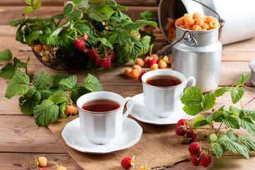 Natural vitamin tea with fresh raspberry, summer fruit harvest