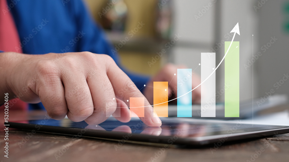 Poster businessman working with modern computer virtual dashboard analyzing finance sales data and economic
