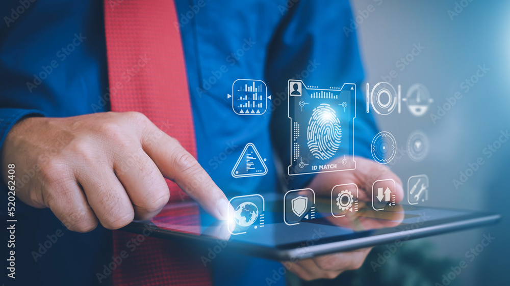 Poster businessman using tablet and fingerprint scanning unlock and access to business data network. biomet