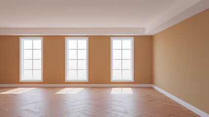 Sunlit Interior Concept of the Empty Beige Room with a White Ceiling and Cornice, Glossy Herringbone Parquet Floor, Three Large Windows and a White Plinth. 3D render, 8K Ultra HD, 7680x4320, 300 dpi