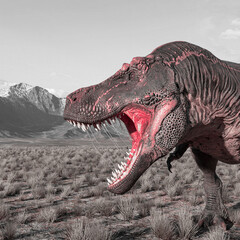tyrannosaurus rex is hunting down in plains and mountains close up