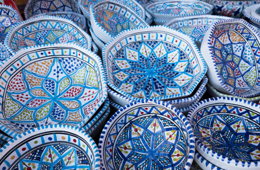 Arabic ceramics produced in the mediterranean. Colorful plates for decoration.