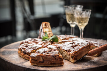 Apple pie on the restaurant table, food photography.