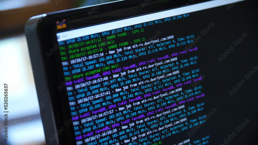 Poster screen with crypto code, green digitals. bitcoin on computer screen with code bitcoin mining