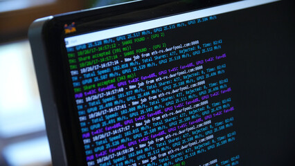 Screen with crypto code, green digitals. Bitcoin on computer screen with code bitcoin mining