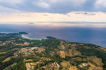 Kassandreia, Chalkidiki - island separated from the mainland by the Potidea canal seen from aerial drone perspective. High quality photo