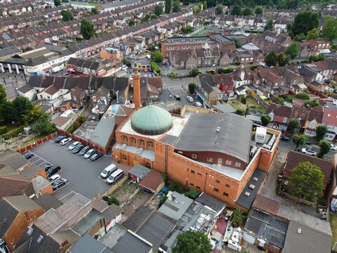high angle aerial view of Central Jamia Mosque Bury Park Luton England UK