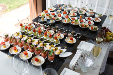Obraz na płótnie Canvas Rows of appetizers and starters on the wedding table