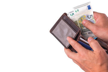Close up view of man's hands taking out euro banknotes from purse isolated on white background.