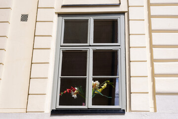 a bouquet of flowers in the window of a beautiful building