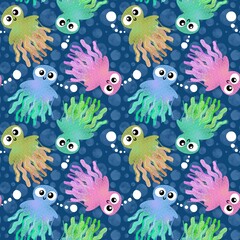 Cute cartoon kids seamless sea jellyfish pattern for clothes print and wrapping paper and fabrics and accessories