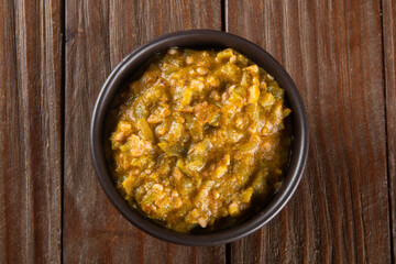 Caruru in a top view bowl. Traditional Afro-Brazilian food made with okra