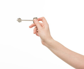 hand with a key on a white background isolated
