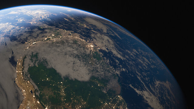 View of South America and the Amazon from space, orbital view of earth, planetary shot showing clouds and oceans, cities at night, light pollution