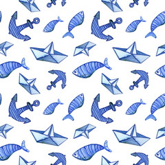Watercolor seamless pattern with fish anchor and paper boat on white. Hand drawn sketch of Fish and Chips. Design for covers, packaging, textile, decoration, backgrounds. Nautical theme Illustration. 