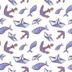 Watercolor fish anchor and paper boat in pattern on white background. Hand drawn sketch of Fish and Chips. Design for covers, packaging, textile, decoration, backgrounds. Nautical theme Illustration. 