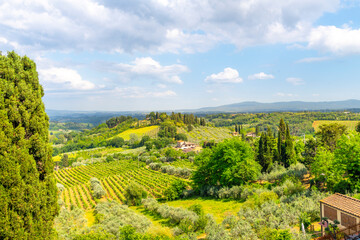 Fototapeta na wymiar View from a hillside Tuscan villa of the rolling hills, vineyards, villas and countryside near San Gimignano, Italy.