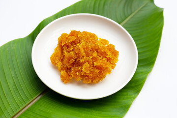 Pineapple paste or jam on white background.