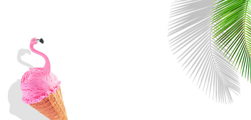 Minimal creative summer or caribbean concept. Tropical background with palm tree, Pink flamingo in ice cream waffle cone and place for writing text. Creative abstract art minimal aesthetic