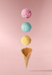 Gelato ice cream cone with colorful balls of ice cream falling. Abstract Infographic design of ice...