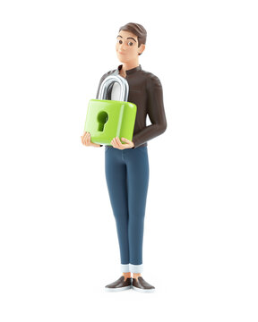 3d cartoon man holding green padlock