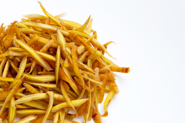 Sliced fingerroot on white background.