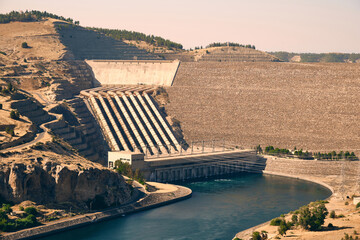Dam, hydroelectric power plant and water reservoir on Euphrates river in Sanliurfa province, Turkiye