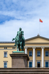 Fototapeta na wymiar Oslo tourism, closeup of King Charles III John Statue in front of the Norwegian Royal Palace, Norway 