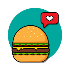 Cartoon burger and message with heart.Good idea, love message. Vector illustration.