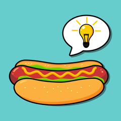 Cartoon hot dog, good idea, light bulb. Vector illustration.