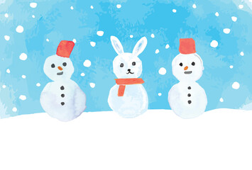 水彩の兎の雪だるまのグリーティングカードテンプレート