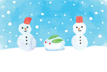 水彩の雪うさぎと雪だるまのグリーティングカードテンプレート