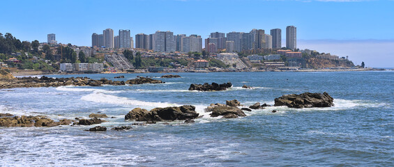 View of a beach and Valparaiso bay in Viña del Mar, Chile