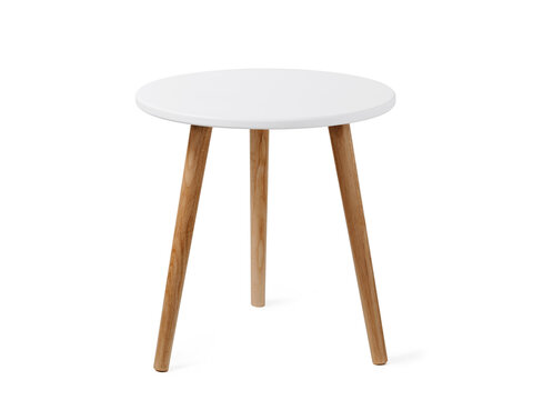 Round coffee table or end table in scandinavian style, isolated on white background with clipping path. Small round white table with 3 wooden legs on white background.