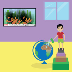 The child watching the news that forests are burning with global warming is watering the world.