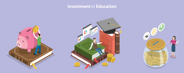 3D Isometric Flat Vector Conceptual Illustration of Investment In Education, Student Loans and Scholarships
