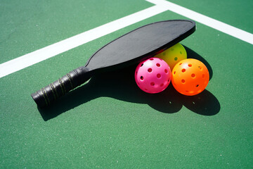 Pickleball paddle and pickle balls on court. - obrazy, fototapety, plakaty