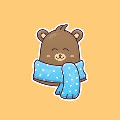 Cute cartoon teddy bear with blue scarf in illustration. Animal isolated vector. Flat cartoon style