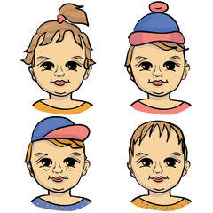 Four children boys and girls with different hair and style personage illustration