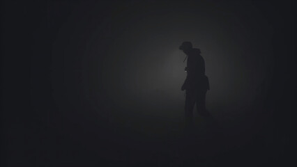 Silhouette of man in thick fog. Stock footage. Black silhouette of man with flashlight shining in thick grey smoke. Man with flashlight makes his way through darkness in smoke - obrazy, fototapety, plakaty