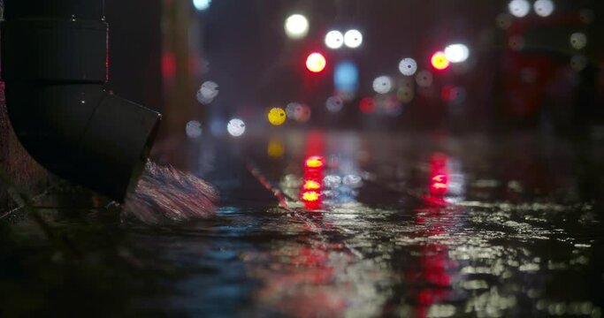 Water pouring from drainpipe during the rain at night