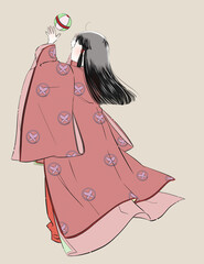 平安時代　女児　後ろ姿　カラー　左向き　単色背景