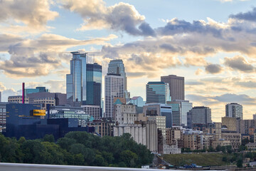 Downtown Minneapolis skyline at sunset on a lovely summer day