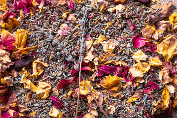 dried scented aromatic flowers and leaves background.