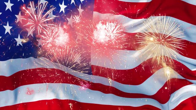  American USA Flag Waving with Fireworks Loop Animation Background. 4th of July, Happy Independence, Memorial, Presidents Day celebration, Memorial Day, national holidays. 