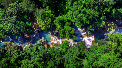 Aerial view of Kuang Si Waterfall in Luang Phabang, Laos.