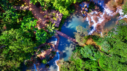 Aerial view of Kuang Si Waterfall in Luang Phabang, Laos.