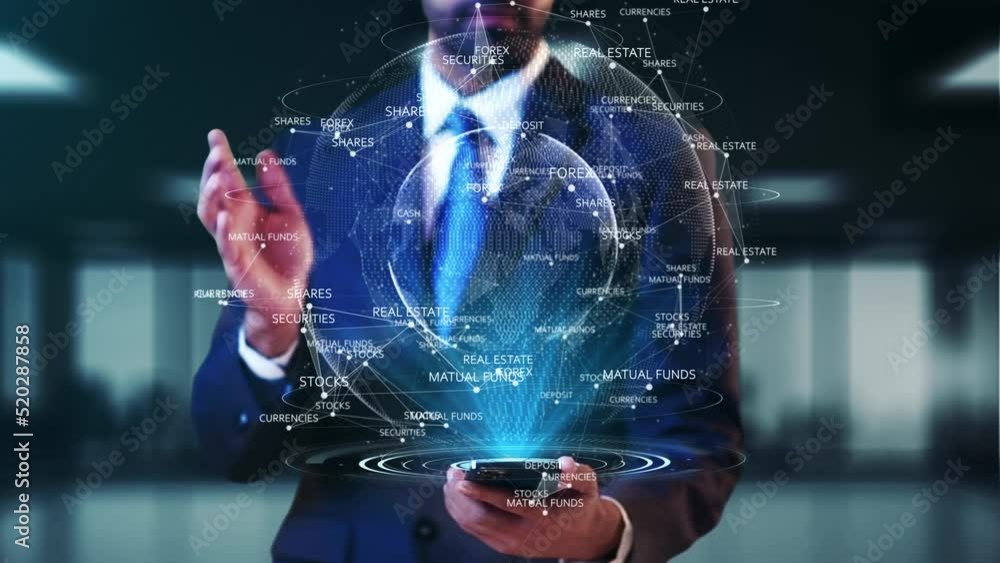 Poster automation text mobile businessman digital futuristic virtual screen hud click touching hologram con